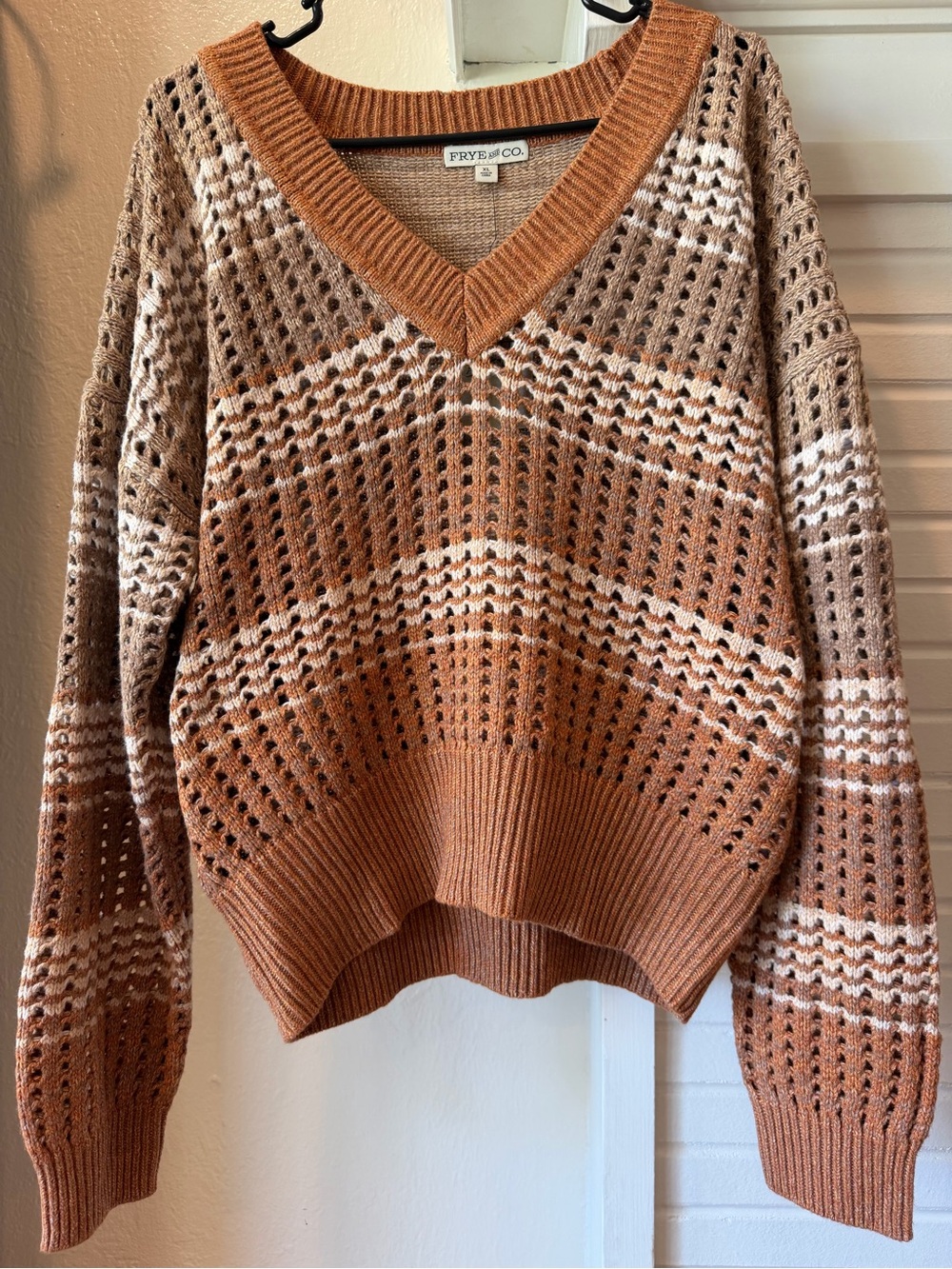 NWT Frye & Co Open Knit Striped V-Neck Sweater XL Spicy Turmeric Combo Boho
